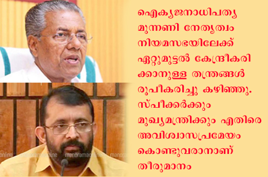 മുഖ്യമന്ത്രിക്കും സ്പീക്കർക്കും എതിരെ അവിശ്വാസ പ്രമേയ നീക്കവുമായി ഐക്യജനാധിപത്യമുന്നണി