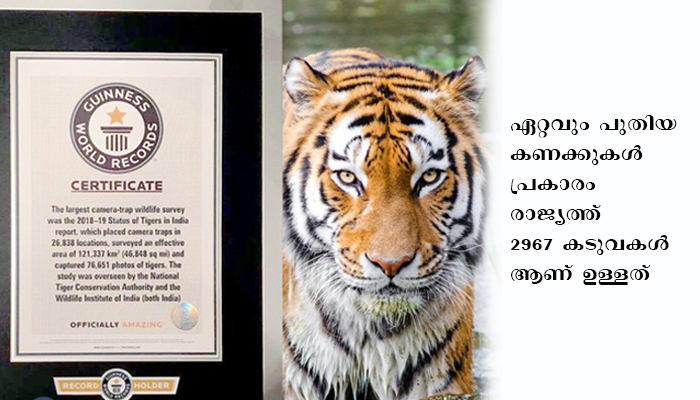 ലോകത്ത്  ക്യാമറ ട്രാപ് ഉപയോഗിച്ചുള്ള വന്യജീവി സർവേകളിൽ ഏറ്റവും വലുതെന്ന ഗിന്നസ് വേൾഡ് റെക്കോർഡ് ഇന്ത്യയുടെ ടൈഗർ സെൻസസിന്; മഹത്തായ മുഹൂർത്തമെന്നും  ആത്മനിർഭർ ഭാരതിന്റെ  തിളങ്ങുന്ന ഉദാഹരണം എന്നും കേന്ദ്ര പരിസ്ഥിതി മന്ത്രി