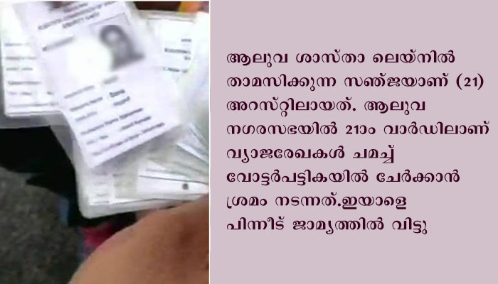 ആ​ലു​വ പ്രായപൂർത്തിയാകാത്ത കുട്ടികളുടെ വയസ് തിരുത്തി വോട്ടർ പട്ടികയിൽ ചേർക്കാൻ ശ്രമം; ബി ജെ പി പ്രവർത്തകനെ അറസ്റ്റ് ചെയ്തു.