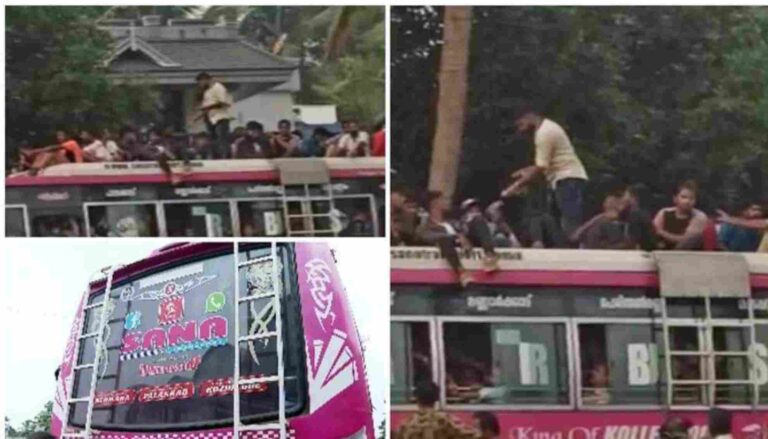 സ്വകാര്യ ബസിന് മുകളിൽ യാത്രക്കാരെ കയറ്റി സർവ്വീസ് നടത്തിയ സംഭവത്തിൽ നാല് ജീവനക്കാർക്കെതിരെ നടപടി