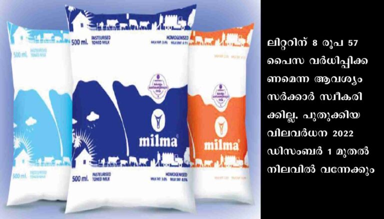 സംസ്ഥാനത്ത് പാൽ വില 8 രൂപ വർധിപ്പിക്കില്ല: പുതുക്കിയ വില ഡിസംബർ 1 മുതൽ നിലവിൽ വന്നേക്കും