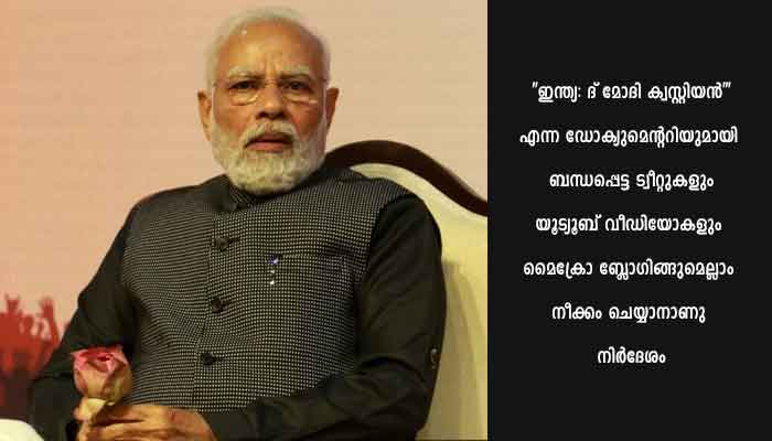 മോദി വിമര്‍ശനം: ബി.ബി.സി. ഡോക്യുമെന്ററി ലിങ്കുകള്‍ നീക്കം ചെയ്യാന്‍ നിര്‍ദേശം